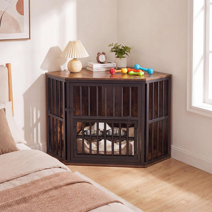 Penny Corner Dog Crate Furniture with Adjustable Feeder, Rustic Brown