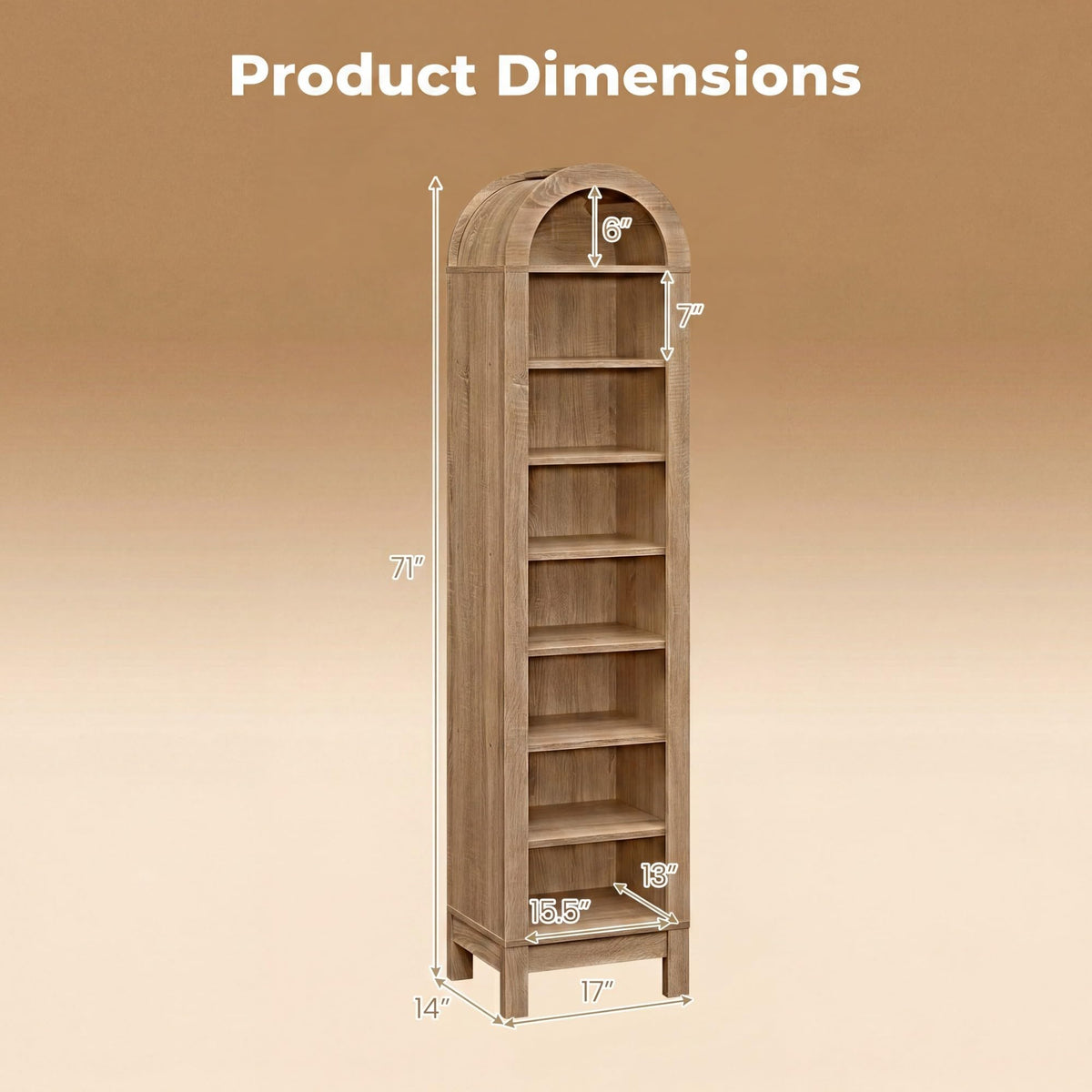 Rosamund 71" Arched 8-Tier Bookshelf in Natural Wood Finish