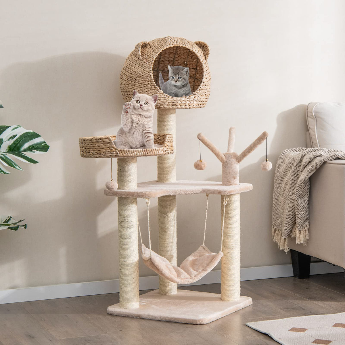 Coco 48" Wooden Cat Tree with Woven Condo, Bed & Hammock, Beige