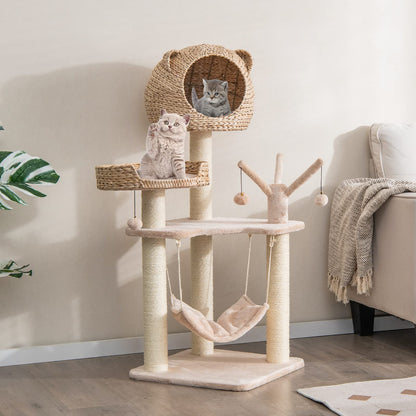 Coco 48" Wooden Cat Tree with Woven Condo, Bed & Hammock, Beige