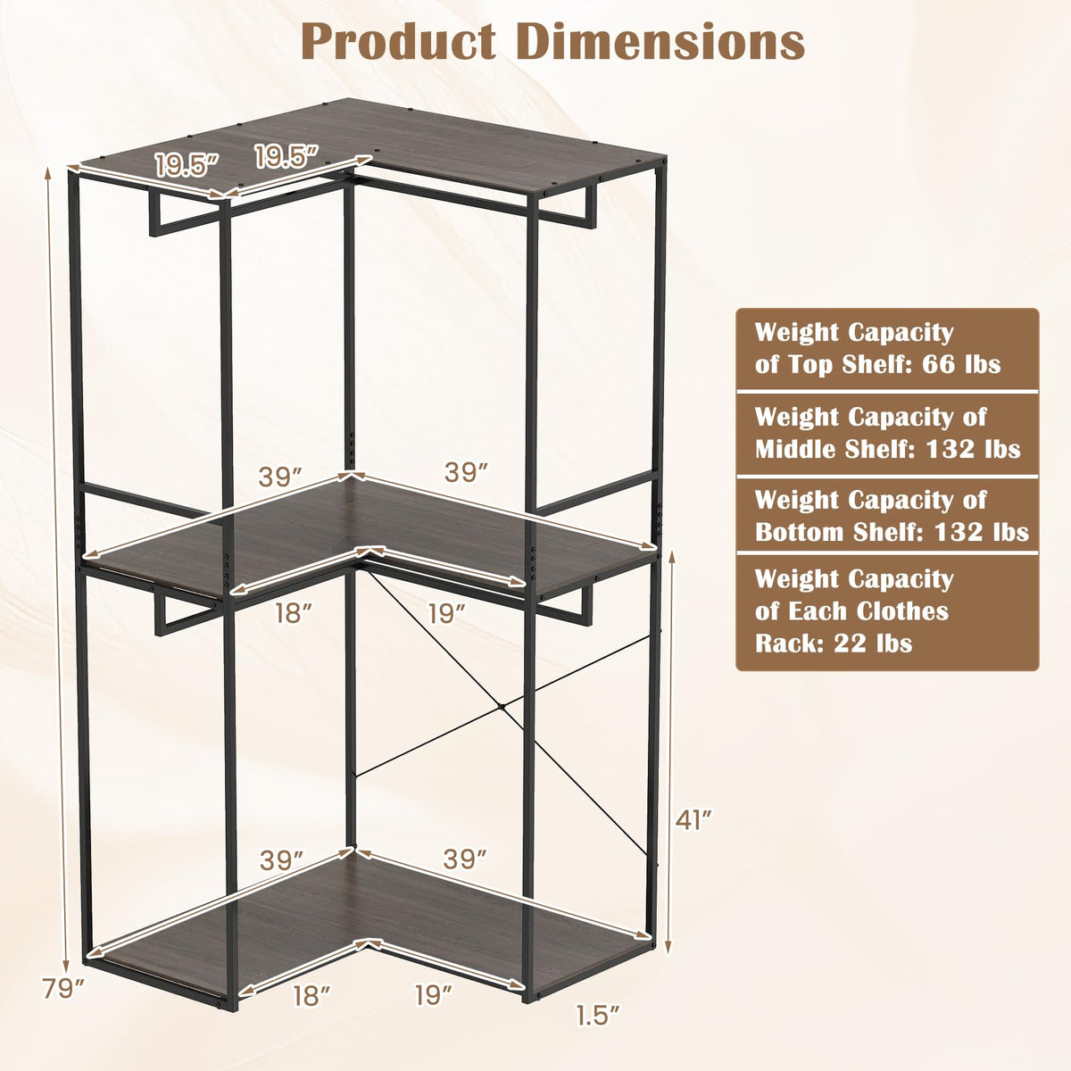 Estelle L-Shaped Corner Clothes Rack with 3 Shelves and 2 Rods