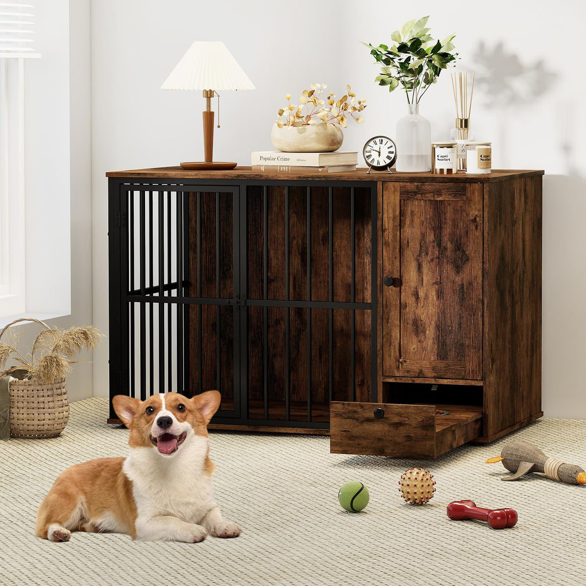 Winnie 47.5" Dog Crate Furniture with Feeding Drawer & Side Cabinet, Rustic Brown