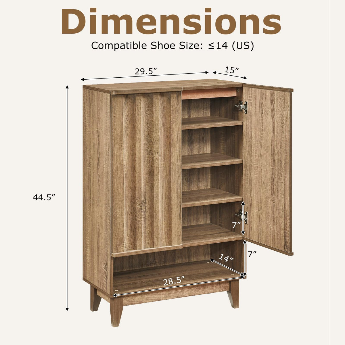 Agnes Fluted Shoe Cabinet with 2 Doors & 5 Shelves, Rustic Oak