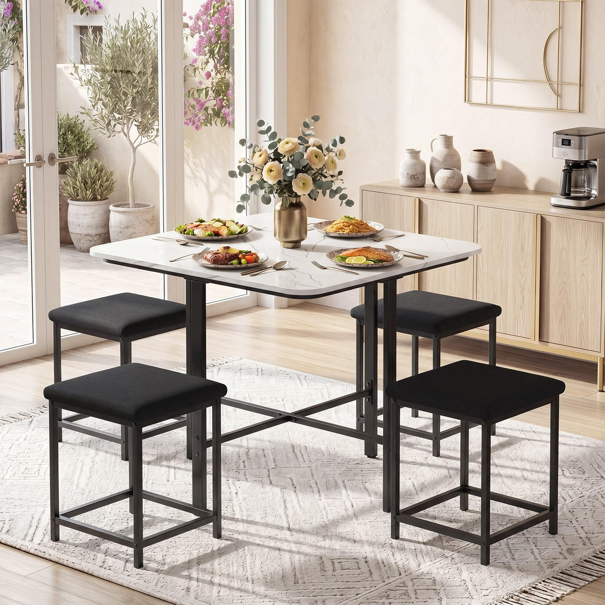Bernadette 5-Piece Faux Marble Dining Set with 4 Tuck-Away Stools