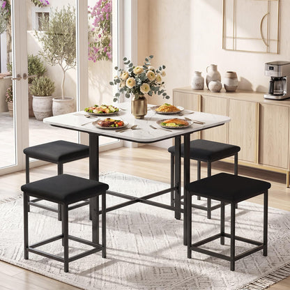 Bernadette 5-Piece Faux Marble Dining Set with 4 Tuck-Away Stools