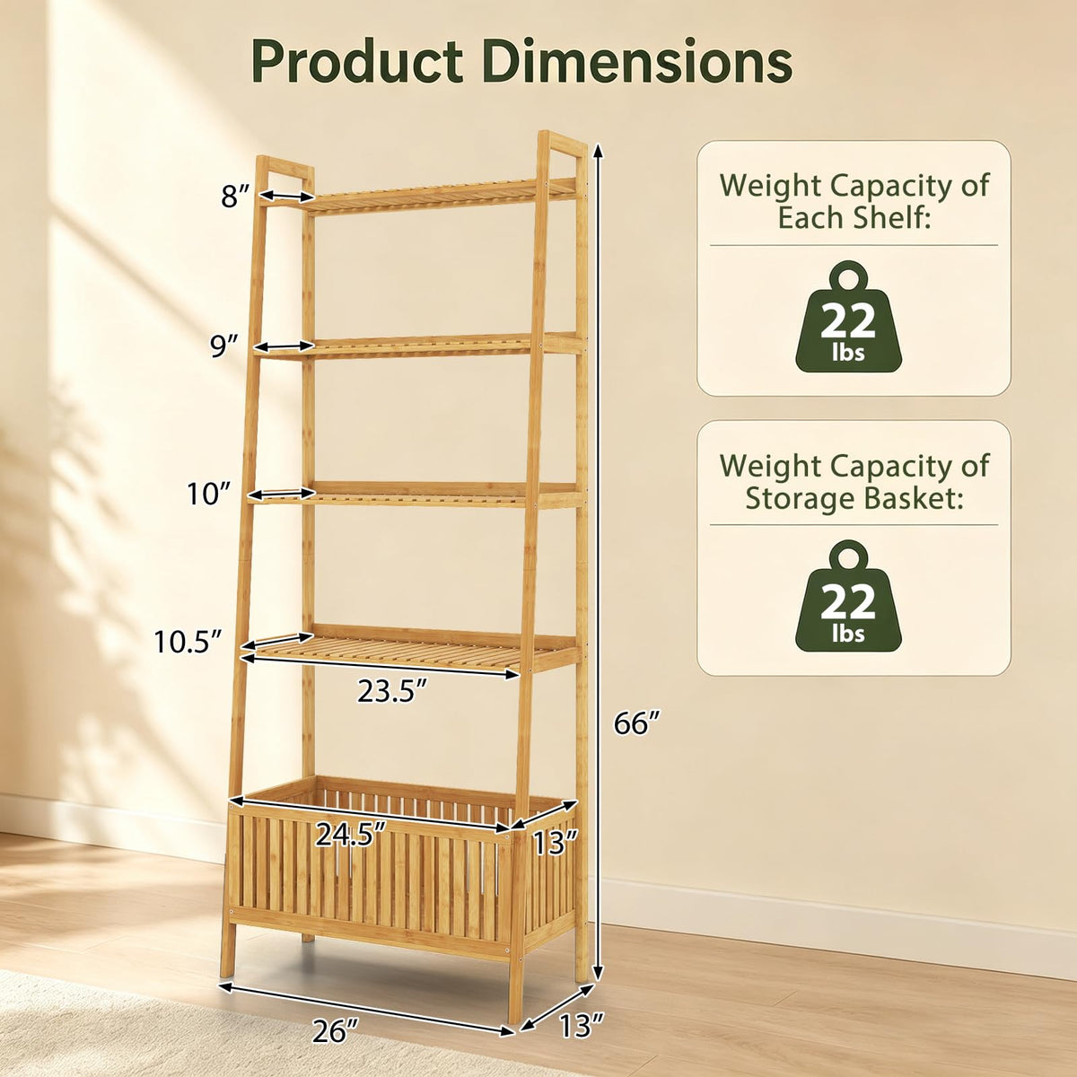 Theodora 66" Bamboo Plant Stand Ladder Shelf with Basket