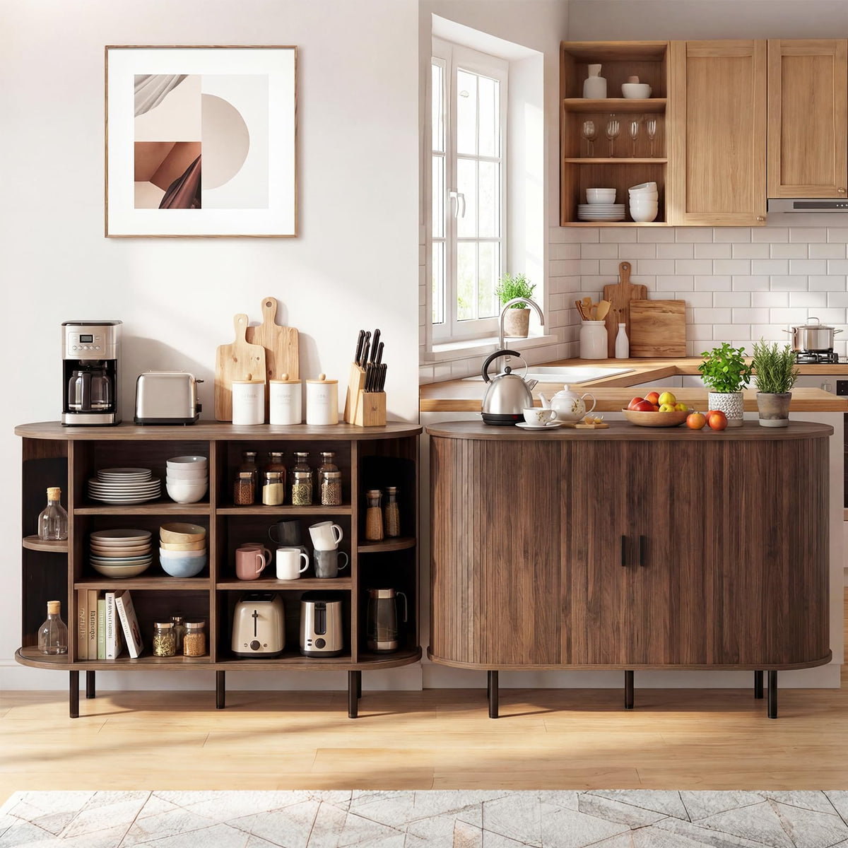 Simone 47" Fluted Sideboard Buffet Cabinet with Tambour Sliding Doors, Walnut