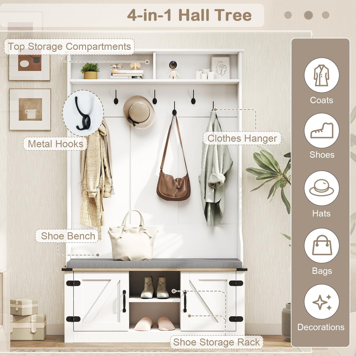 Gwendolyn 4-in-1 Farmhouse Hall Tree with Cushioned Shoe Bench