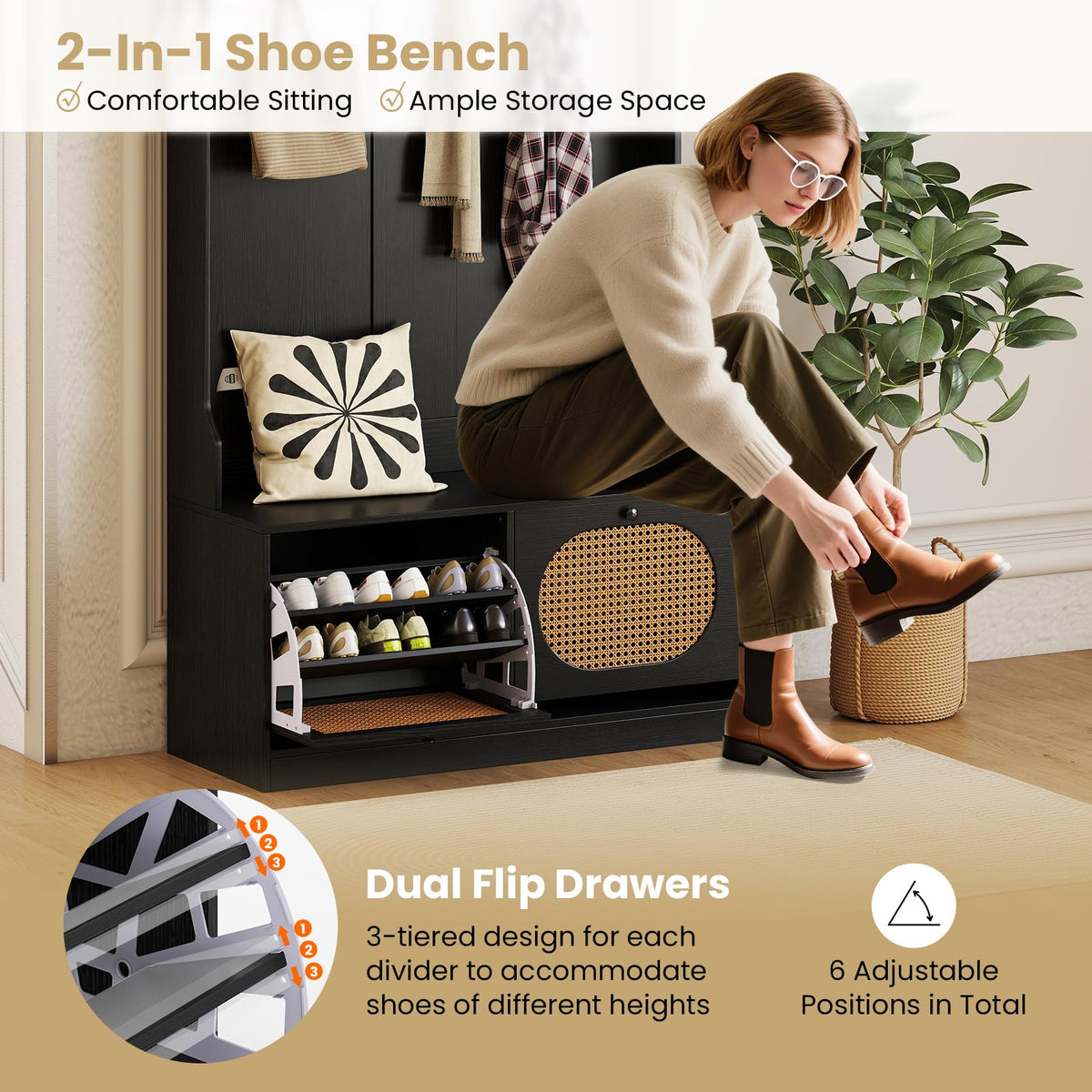 Genevieve 4-in-1 Rattan Hall Tree with Shoe Bench and Flip Drawers