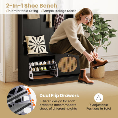 Genevieve 4-in-1 Rattan Hall Tree with Shoe Bench and Flip Drawers