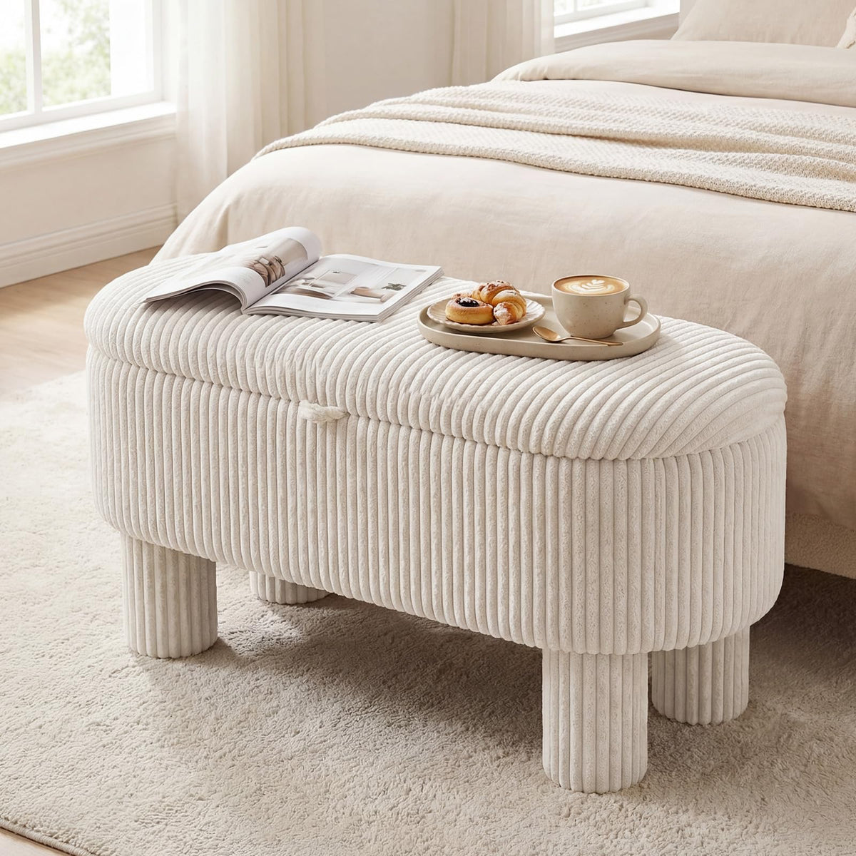 Araminta 42" Ivory Corduroy Storage Ottoman Bench