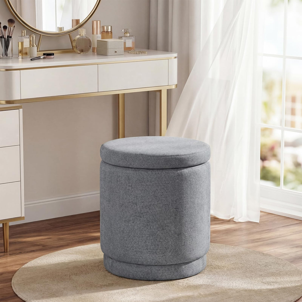 Mirabel Round Chenille Storage Ottoman (Warm Light Gray)