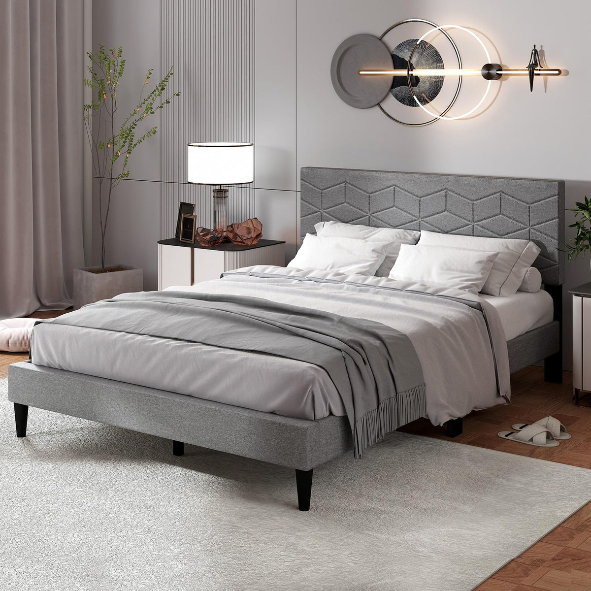 Aurelia Queen Upholstered Platform Bed Frame with Geometric Headboard