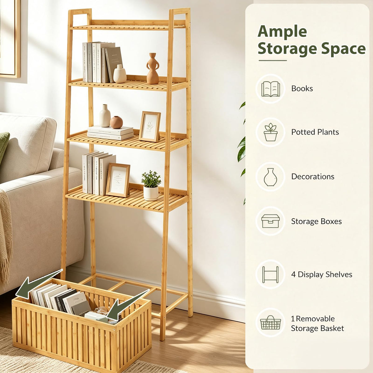 Theodora 66" Bamboo Plant Stand Ladder Shelf with Basket