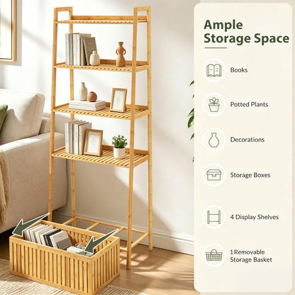 Theodora 66" Bamboo Plant Stand Ladder Shelf with Basket