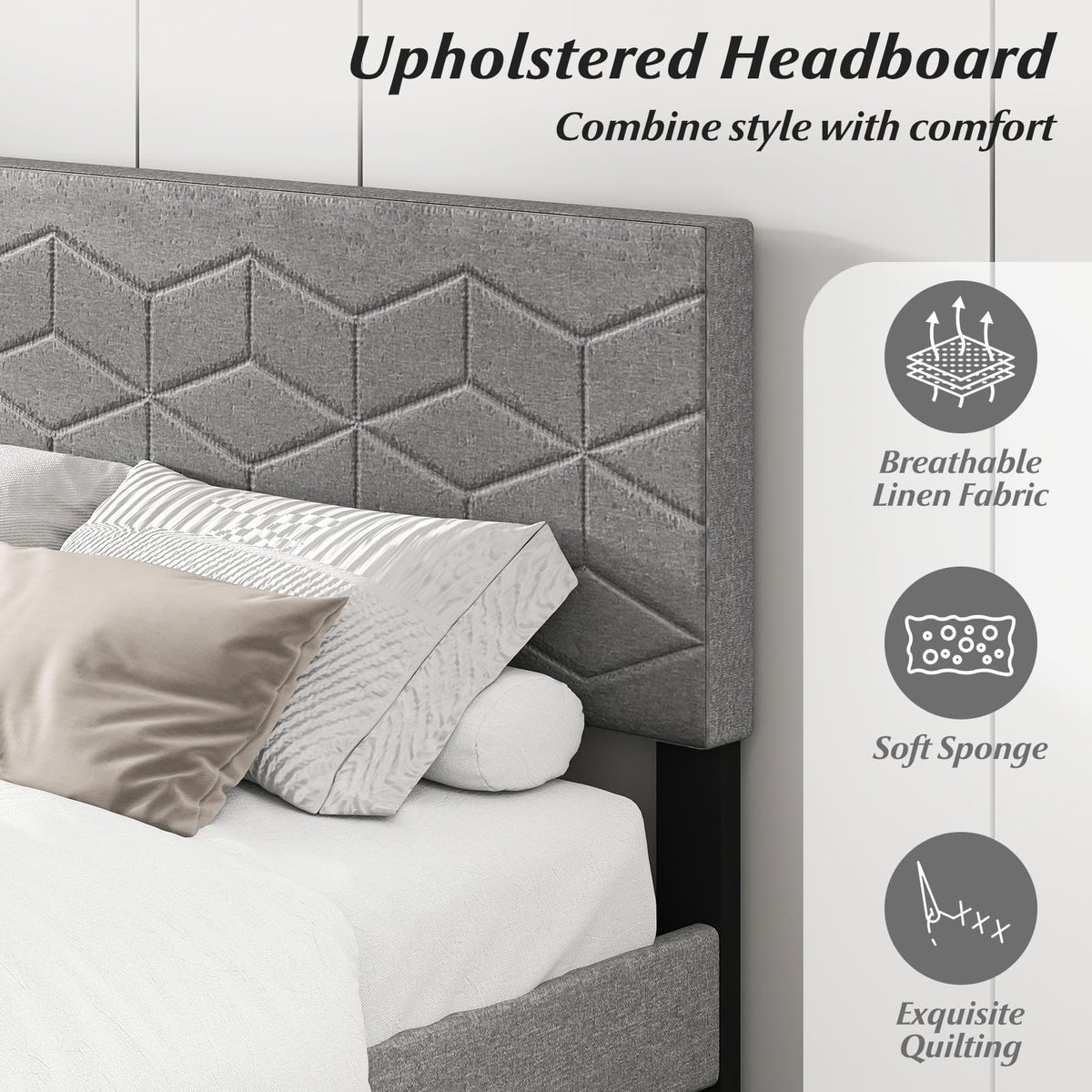 Aurelia Queen Upholstered Platform Bed Frame with Geometric Headboard