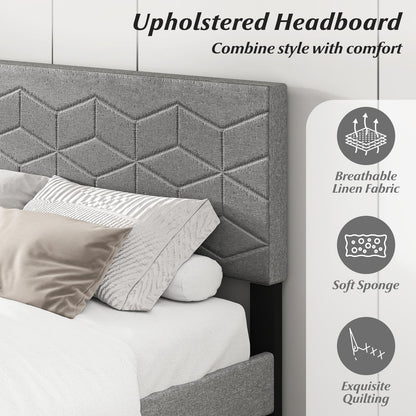 Aurelia Queen Upholstered Platform Bed Frame with Geometric Headboard