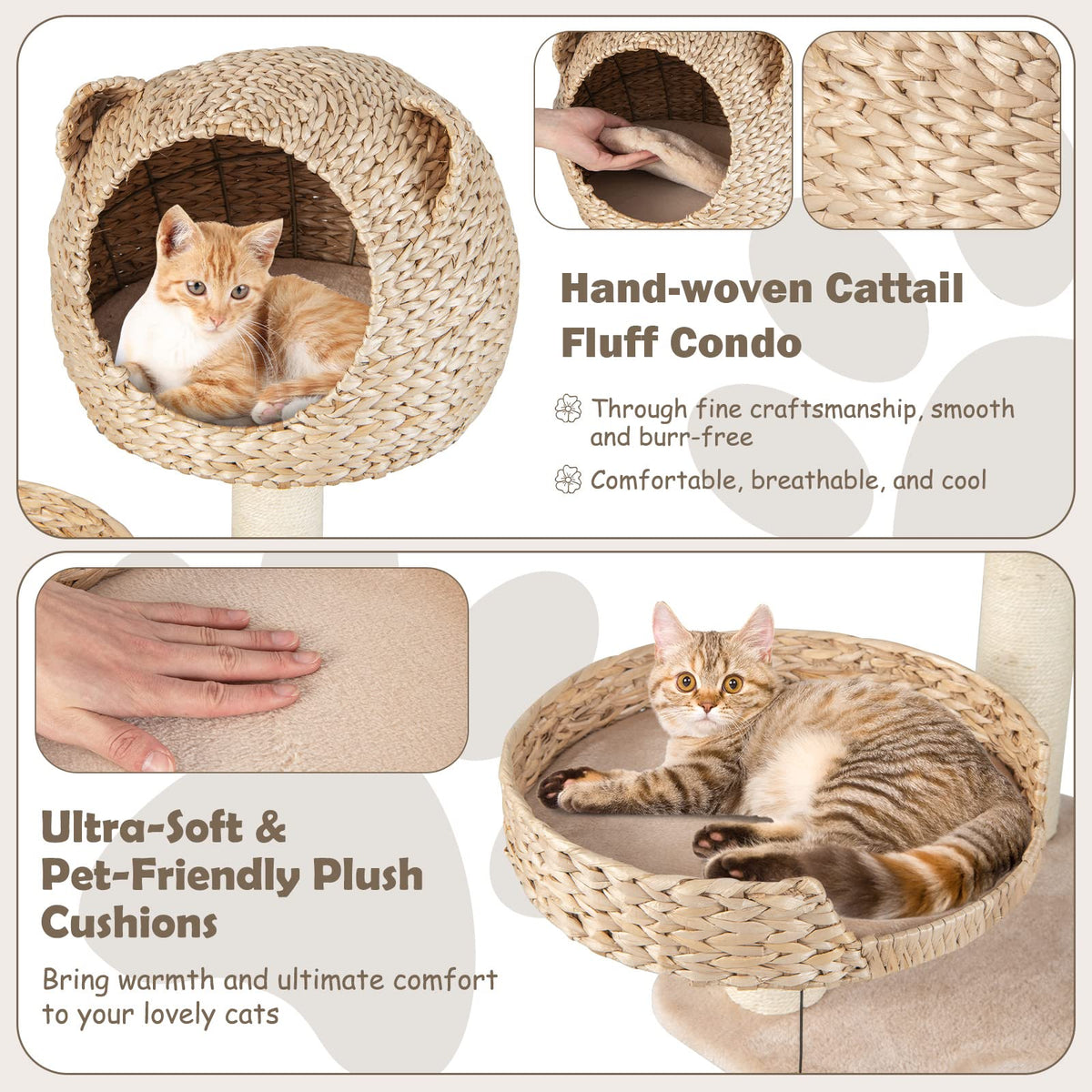 Coco 48" Wooden Cat Tree with Woven Condo, Bed & Hammock, Beige