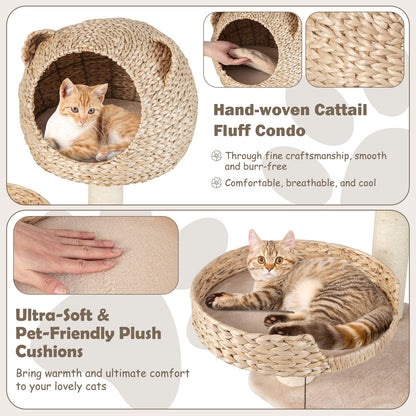 Coco 48" Wooden Cat Tree with Woven Condo, Bed & Hammock, Beige