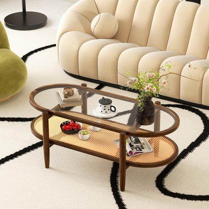 Maris Boho Rattan Coffee Table with Glass Top