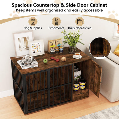 Winnie 47.5" Dog Crate Furniture with Feeding Drawer & Side Cabinet, Rustic Brown