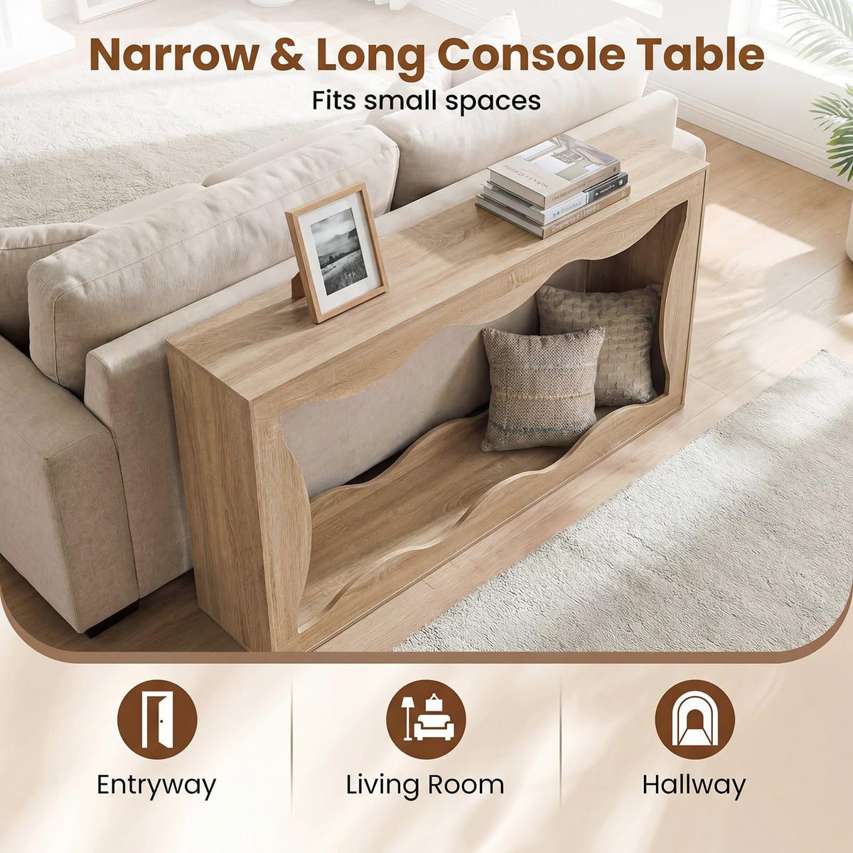 Wilda 63" Wavy Narrow Console Table, 12" Deep Entryway Table, Natural