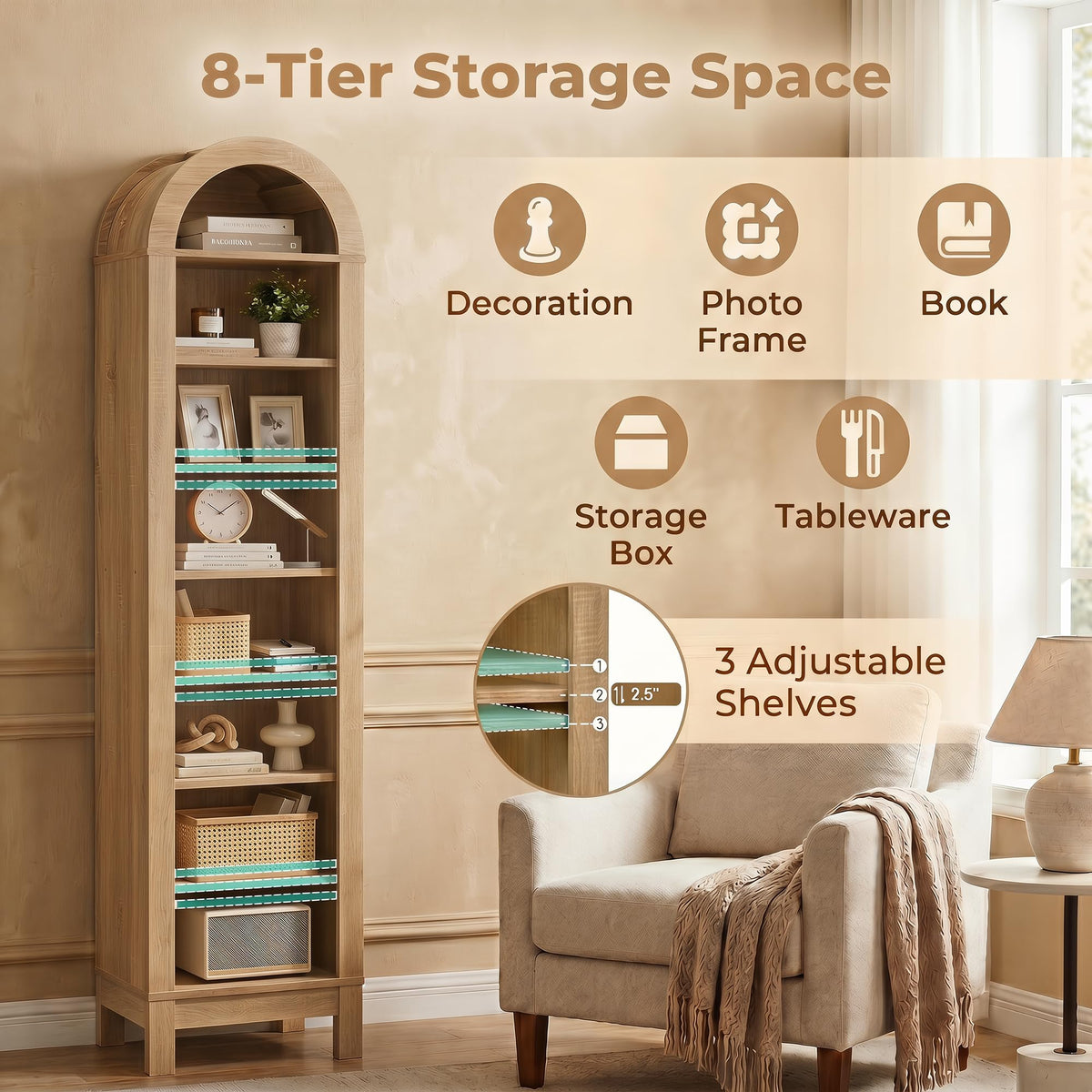 Rosamund 71" Arched 8-Tier Bookshelf in Natural Wood Finish