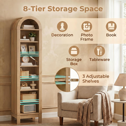 Rosamund 71" Arched 8-Tier Bookshelf in Natural Wood Finish