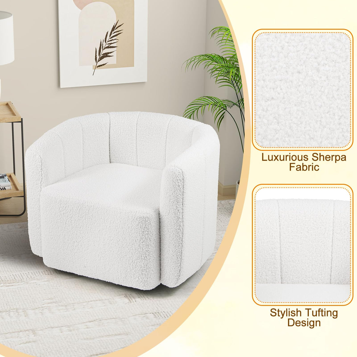 Wilhelmina 360° Swivel Barrel Accent Chair in Ivory Sherpa