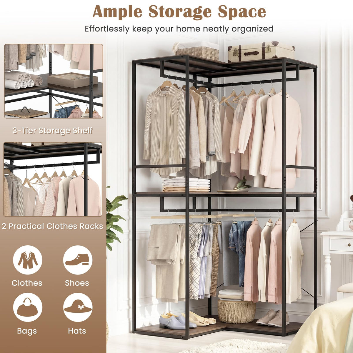 Estelle L-Shaped Corner Clothes Rack with 3 Shelves and 2 Rods