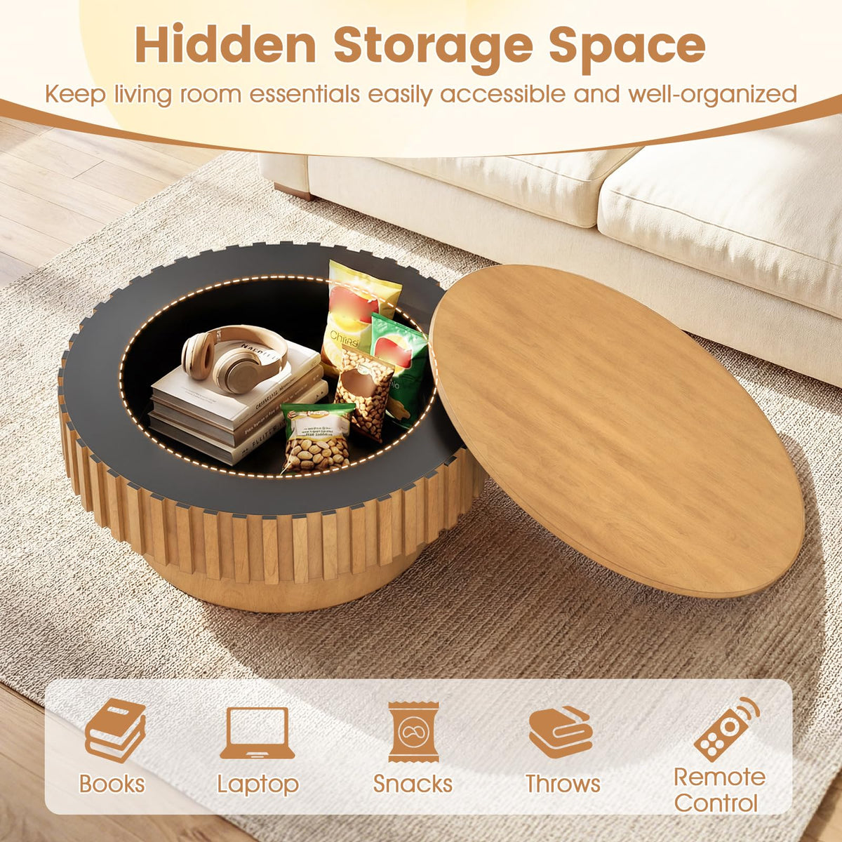 Lorelei 31" Round Fluted Drum Coffee Table with Hidden Storage