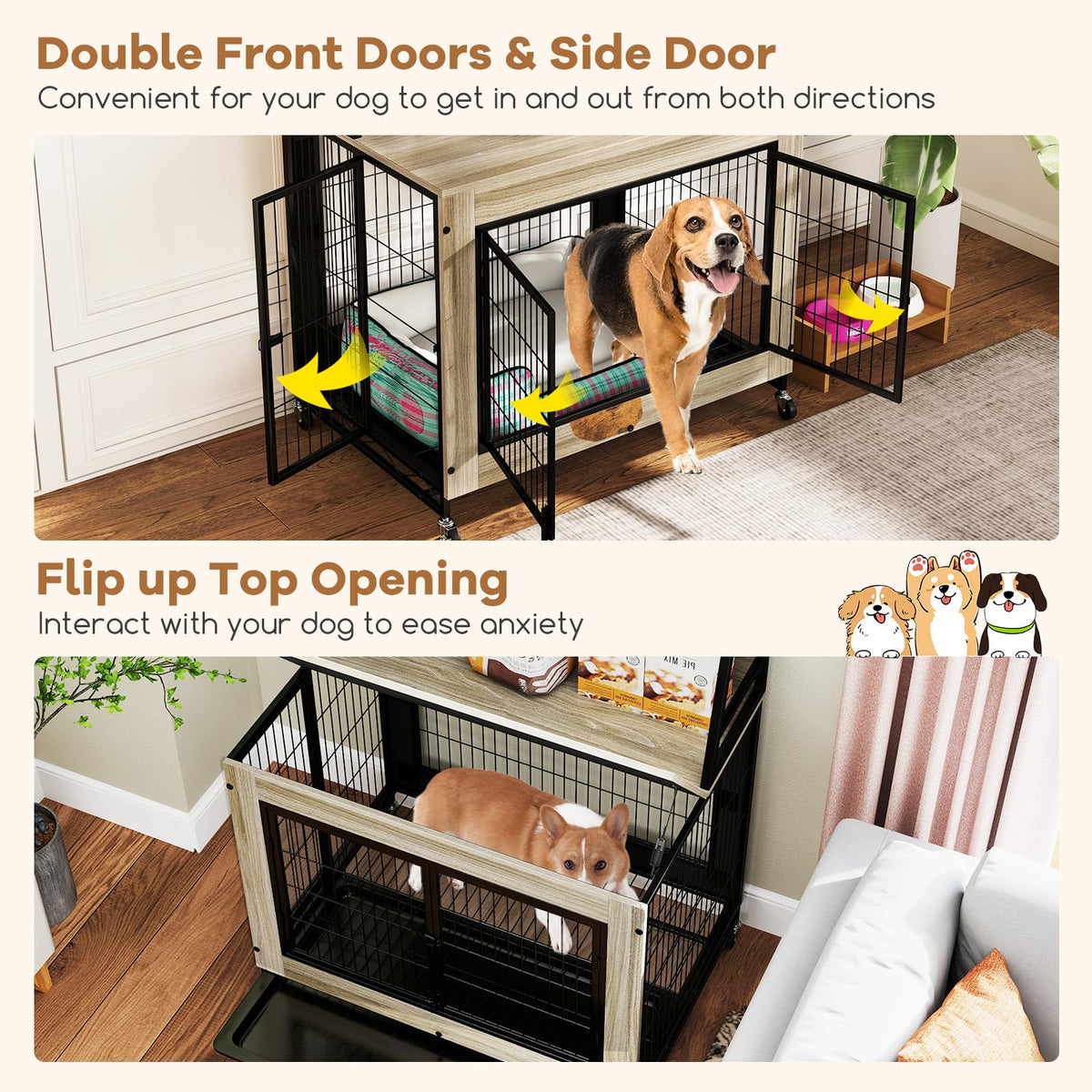 Bonnie 38" Dog Crate Furniture with Storage Shelves & Wheels, Oak Gray