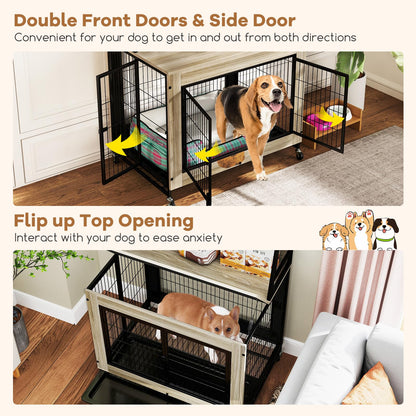 Bonnie 38" Dog Crate Furniture with Storage Shelves & Wheels, Oak Gray