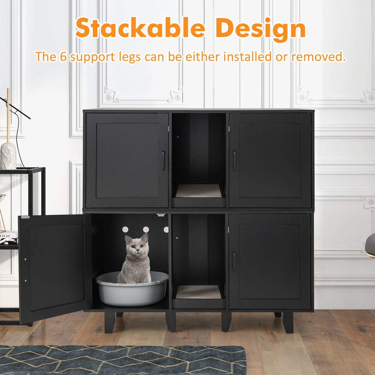 Clover Double Cat Litter Box Enclosure & TV Stand with Scratching Board, Black