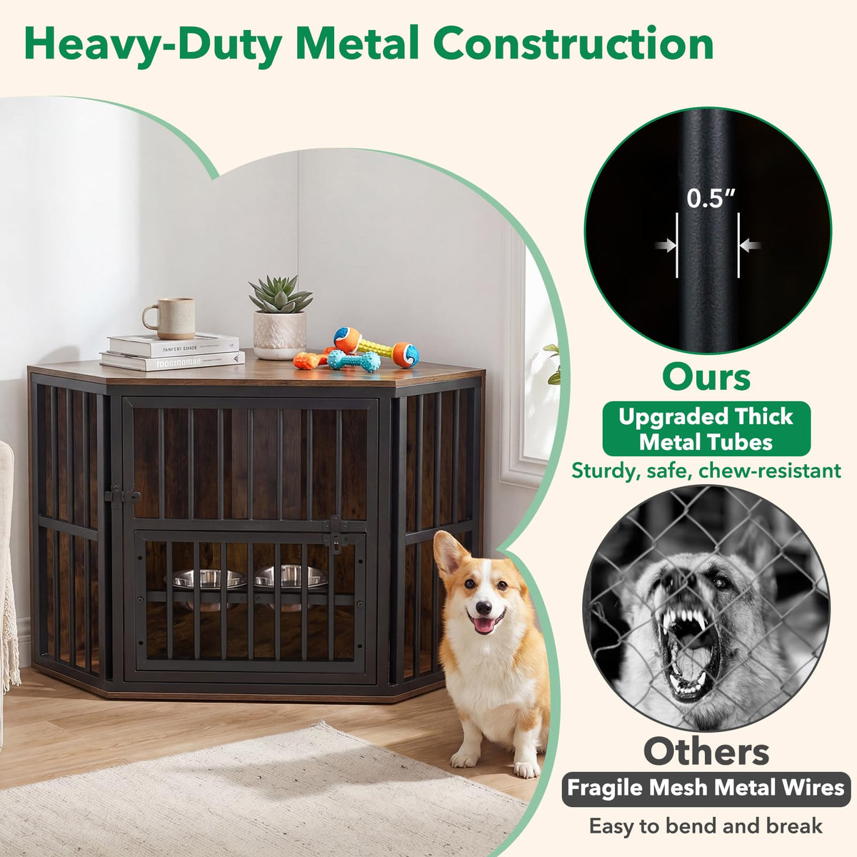 Penny Corner Dog Crate Furniture with Adjustable Feeder, Rustic Brown