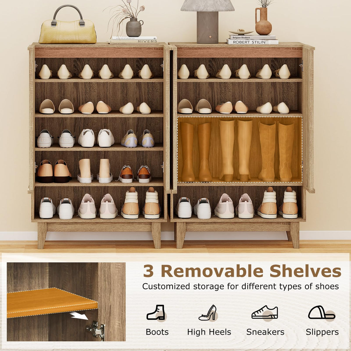Agnes Fluted Shoe Cabinet with 2 Doors & 5 Shelves, Rustic Oak