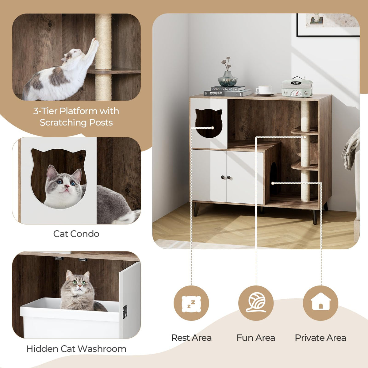 Lulu Cat Litter Box Enclosure with Cat Tree & Condo, Brown & White
