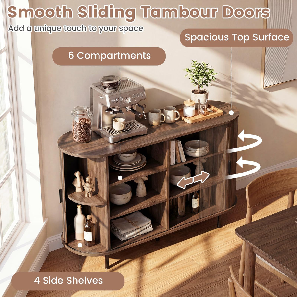 Simone 47" Fluted Sideboard Buffet Cabinet with Tambour Sliding Doors, Walnut