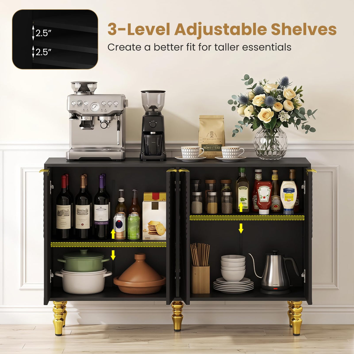 Liesel 47" Chevron Fluted Sideboard with 4 Doors & Gold Legs, Black