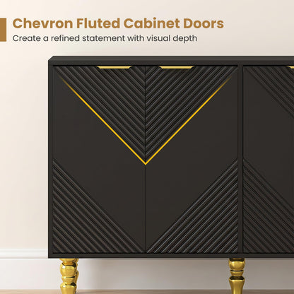 Liesel 47" Chevron Fluted Sideboard with 4 Doors & Gold Legs, Black