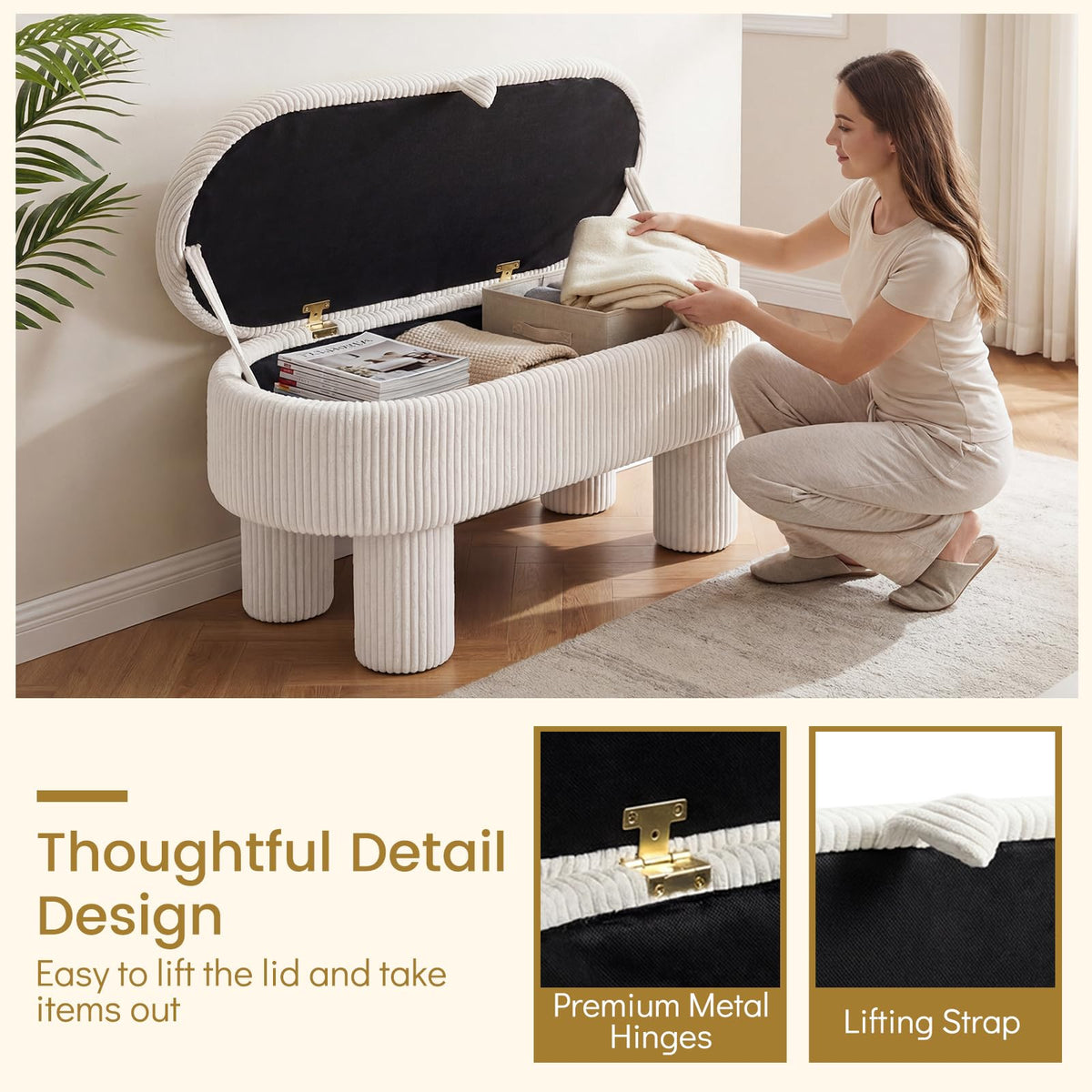 Araminta 42" Ivory Corduroy Storage Ottoman Bench