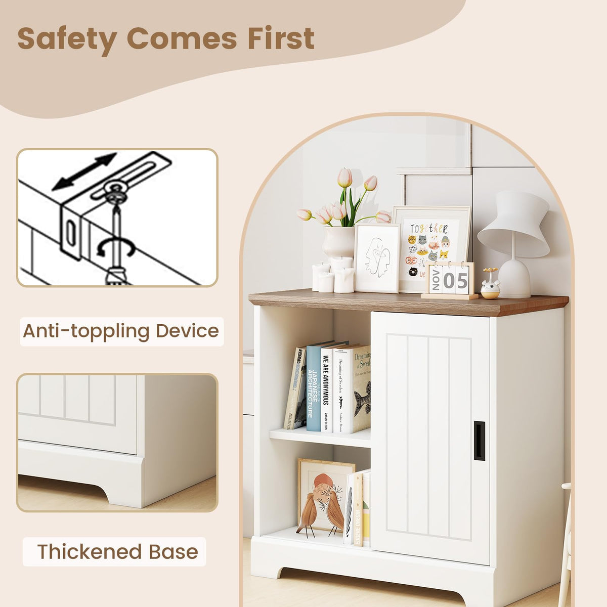 Lottie Small Farmhouse Sideboard with 3 Drawers & Sliding Door, White