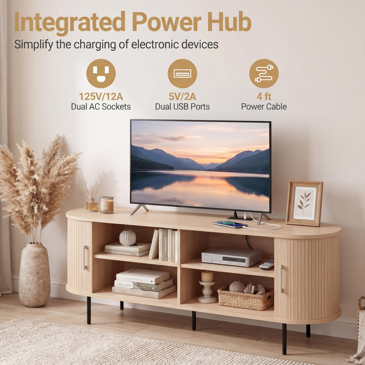 Juniper Fluted Mid-Century TV Stand with Charging Station