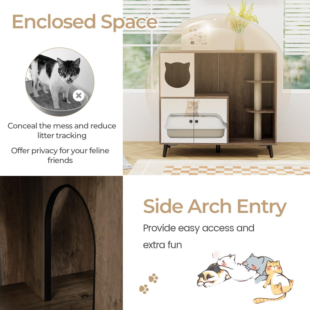 Lulu Cat Litter Box Enclosure with Cat Tree & Condo, Brown & White