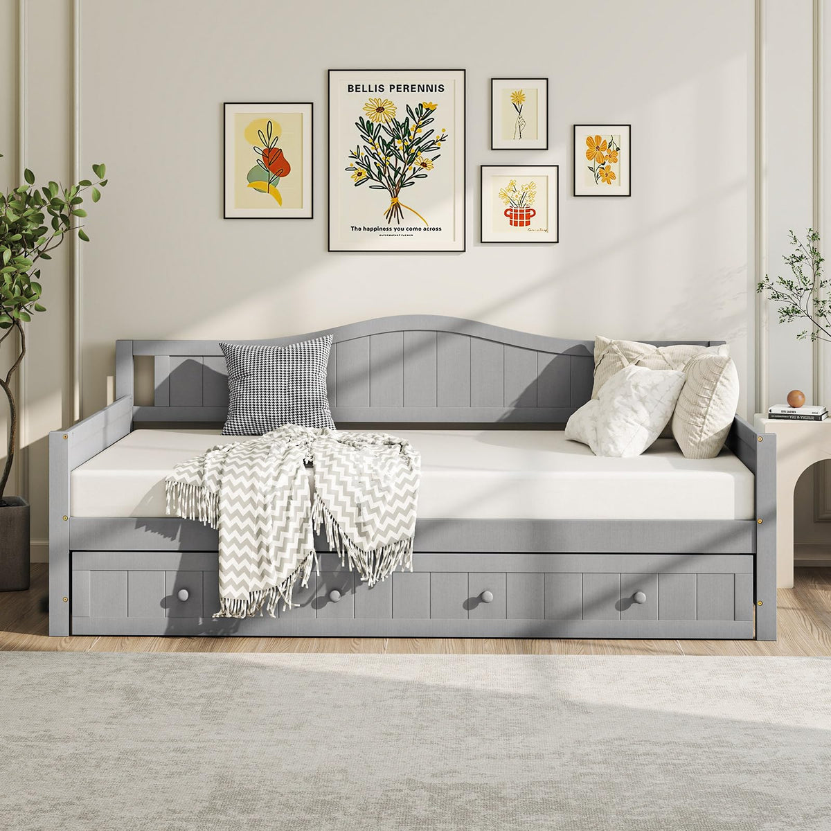 Philippa Twin Wood Daybed with Roll-Out Trundle in Gray