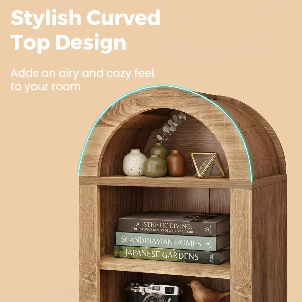 Rosamund 71" Arched 8-Tier Bookshelf in Natural Wood Finish