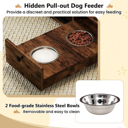 Winnie 47.5" Dog Crate Furniture with Feeding Drawer & Side Cabinet, Rustic Brown