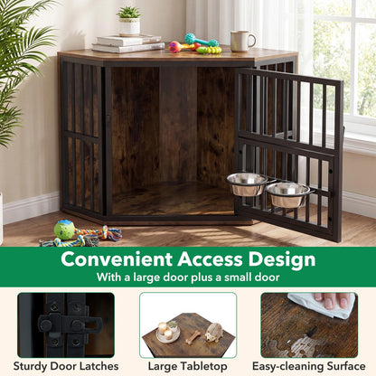 Penny Corner Dog Crate Furniture with Adjustable Feeder, Rustic Brown