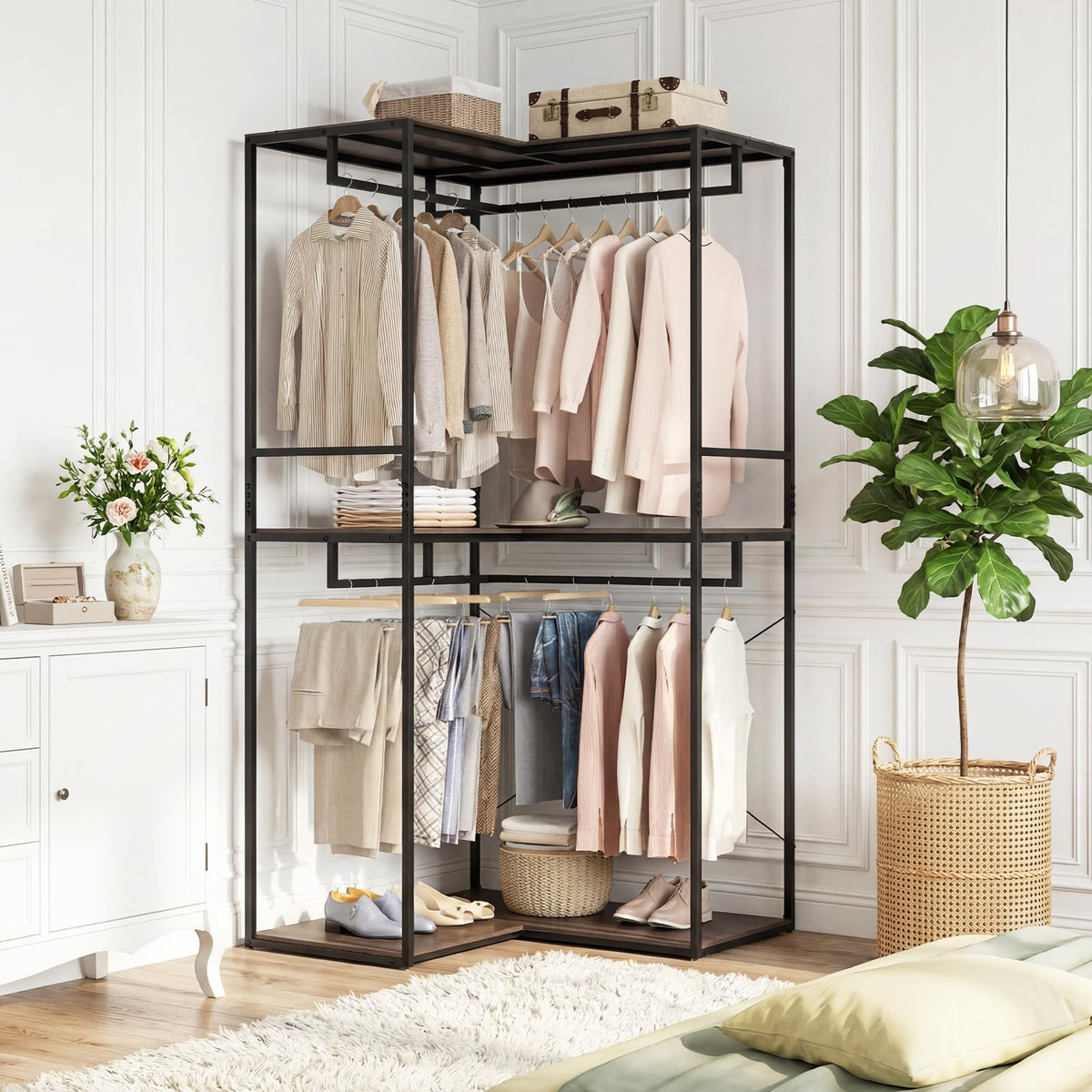 Estelle L-Shaped Corner Clothes Rack with 3 Shelves and 2 Rods