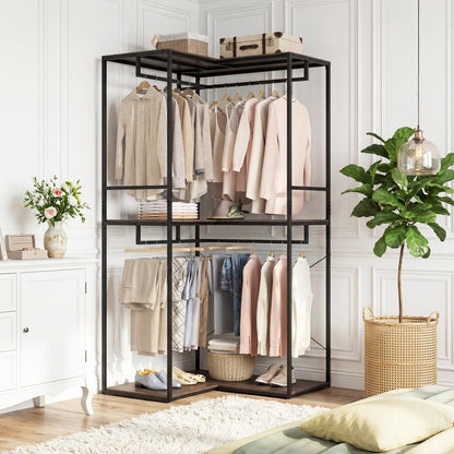 Estelle L-Shaped Corner Clothes Rack with 3 Shelves and 2 Rods